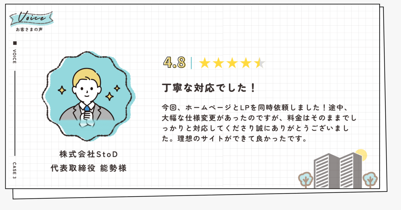評価4.8(5段階評価)株式会社StoD代表取締役能勢様。丁寧な対応でした!今回ホームページとライディングページを同時依頼しました!途中、大幅な仕様変更があったのですが、料金はそのままでしっかりと対応してくださり誠にありがとうございました。理想のサイトができて良かったです。